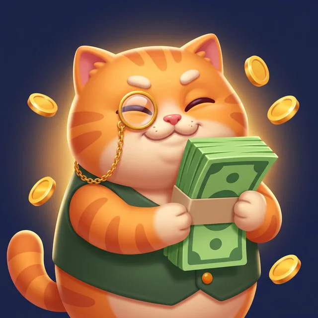 Fat Cat, an orange tabby banker with a monocle and a green vest, hugging a bundle of bills